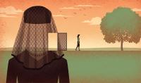 An illustration of a woman walking away from an open door, with a figure wearing a mesh veil in the foreground.
